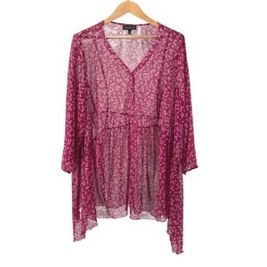 Lane Bryant Magenta Floral Sheer Button Front Babydoll Tunic Top Womens 22/24